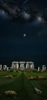 Stonehenge under a star-filled night sky with a vibrant moon and lush greenery.