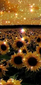 Sunflower field under a sparkling starry sky wallpaper.