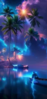 Tropical night scene with stars, vibrant palms, and ocean reflection.