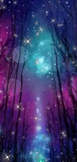 Starry twilight forest with vibrant colors and sparkling stars.