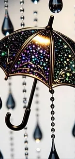 Artistic umbrella with starry night design against rain drops.