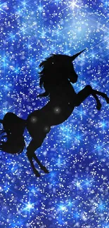 Silhouette of a unicorn with a starry blue background.