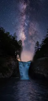 Starry night with waterfall and galaxy background.