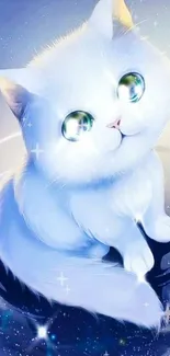 Cute white cat with starry background, shining in blue hues.