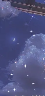 Night sky from an open window with stars and clouds.