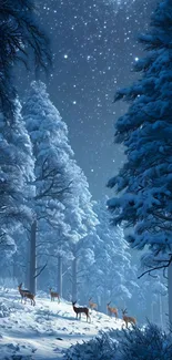 Snowy forest under a starry night sky with deer roaming.
