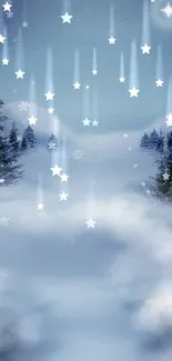 Starry winter forest under a moonlit sky with falling stars.