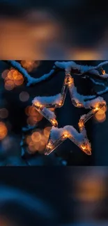 Snow-covered star with warm lights on a winter night.