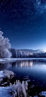 Starry night with lake reflection and snowy landscape.