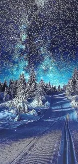 Snowy road under a starry night sky with trees on either side.