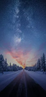 Starry winter night road beneath a Milky Way sky with snowy trees.