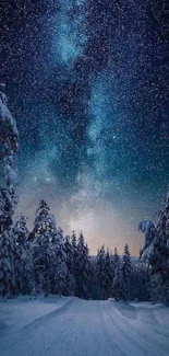 Starry sky over snowy winter forest wallpaper.