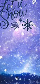 Starry winter night wallpaper with 'Let it Snow' text and snowflakes.