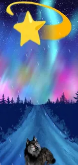 A mystical wolf on a starry aurora night path.