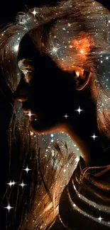 Silhouette of a woman with starry galaxy-like hair against a dark background.