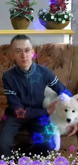 Person with a dog on couch surrounded by colorful stars.