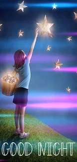 Girl reaching for glowing stars under a dark blue night sky.