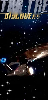 Star Trek spaceship cruising through dark starry galaxy.