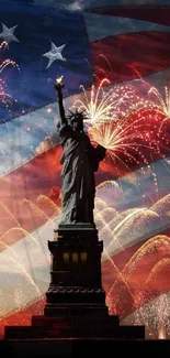 Statue of Liberty with fireworks and American flag.