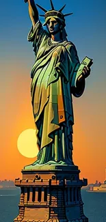 Statue of Liberty at sunset with vibrant orange hues and NY skyline.