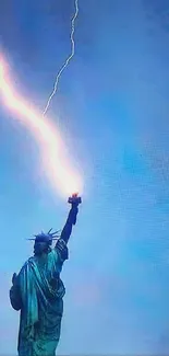 Lightning striking the Statue of Liberty against a blue sky backdrop.