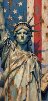 Statue of Liberty against abstract flag background.