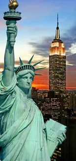 Statue of Liberty with NYC skyline at sunset.