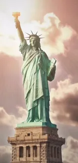 Statue of Liberty with a sunset sky, highlighting its majestic silhouette.