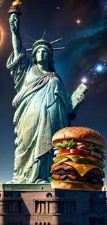 Statue of Liberty with giant burger under a cosmic galaxy background.