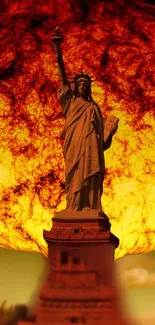 The Statue of Liberty with a fiery explosion in the background.