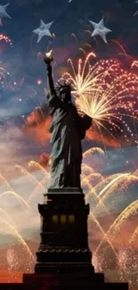 Statue of Liberty with fireworks and stars in the night sky.