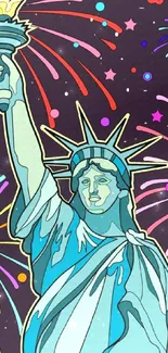 Statue of Liberty with colorful fireworks and starry sky in vibrant artwork.