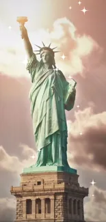 Statue of Liberty under a glowing, cloudy sky with sparkles.