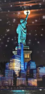 Statue of Liberty under starry night sky and city lights.