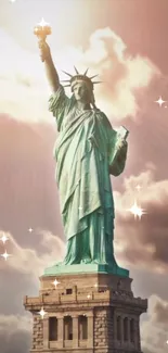 Statue of Liberty with radiant sky and stars on mobile wallpaper.