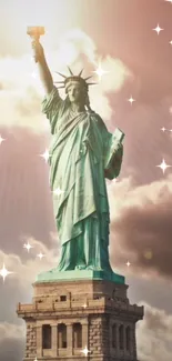 Statue of Liberty with sparkling sky on mobile wallpaper.