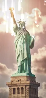 Statue of Liberty with stars in the sky amid clouds, artistic mobile wallpaper.