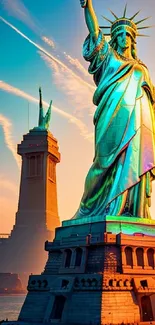 Statue of Liberty with a sunset backdrop and vibrant sky.