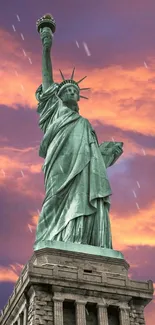 Statue of Liberty at sunset with vibrant sky.