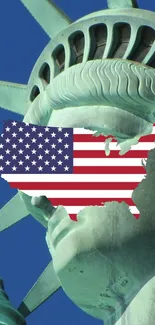 Statue of Liberty with USA map flag overlay, symbolizing American pride.