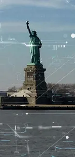 Statue of Liberty with sky and water backdrop.