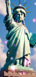 Statue of Liberty against a blue sky, mobile wallpaper.