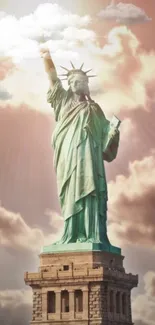 Statue of Liberty with a cloudy sky background.