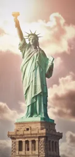 Statue of Liberty under soft clouds and sunlight.