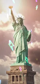 Statue of Liberty against a cloudy sky with artistic lighting effects.