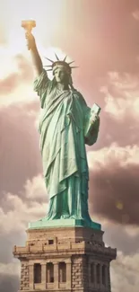 Statue of Liberty against a cloudy, sunlit sky.