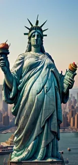 Statue of Liberty holding cupcakes with city skyline in background.