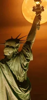 Statue of Liberty with full moon in a copper-toned night sky.