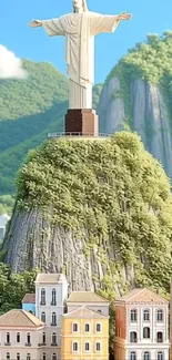 Iconic statue atop lush mountain overlooking city.