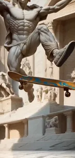 Classical statue doing a skateboard trick in an artistic setting.